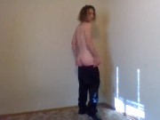 Nude Transgirl Leaning in Only Track Pants | Self-Photography Posing