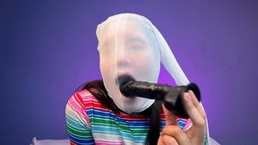 Wet panty gets filled by a long dildo