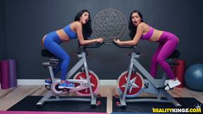 Two athletic latinas having fun with various sex toys