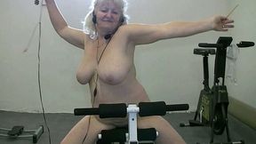 Crazy blond haired plump oldie does some workouts while being all naked