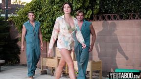 Two horny handymen rail bisexual clients big ass petite MILF wife