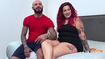 Astounding Spanish redhead with lots of curves has a sexy session with a bald stud!