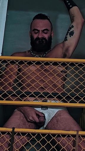 Muscle Hairy Sub Bondage & Piss. Bearded Master Uses a Kinky Pig