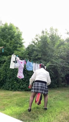 In an outfit with a new blouse on which I&#039;ve modified the ascot tie to hang my laundry.
