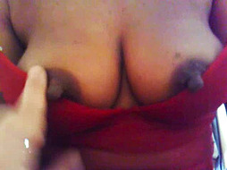 Ebony milf Nathalie Loulendo playing with her big nipples plays with my cock