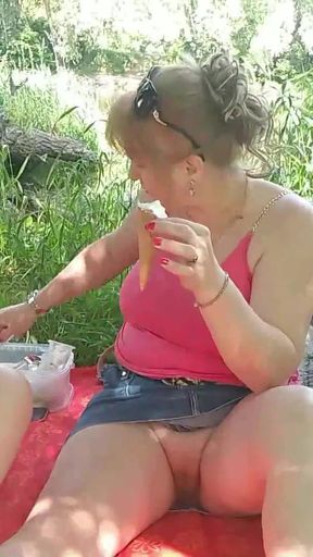 Two women Mature milf and teen virgin without panties under skirt eat sweet ice cream and kiss lips Outdoors Lesbians&hellip;   Clip 1
