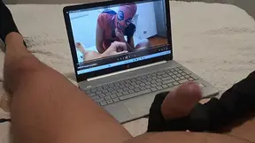 Milf jerks off a big cock until he cums on her gloves POV