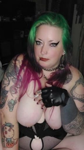 Your chubby neighbor smokes a cigarette while playing with her big pierced