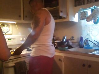 Step Mommy In The Kitchen Cooking and Giving a kiss On The Neighbour and Lifting Up Her Night Gown