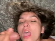 Making a mess with wife’s face. Facial cum shot
