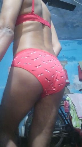 Indian Femboy Crossdresser Wearing His Step Sister's Red Bra and Panties