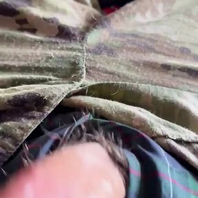 Army soldier jerks off in some plaid boxer shorts under his uniform with 2 cum shots!