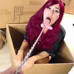 My Cosplay Sexy Hot Blowjob with Funny Faces of a Teen Redhead Girl From a Box, Fuck in Mouth