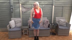 MILF strips in red leotard and denim skirt