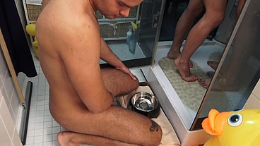 Romantic sex shower – and he has to watch, jerk off in the dog bowl, and drink it!