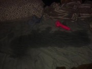 Trans girl used dildo on her ass to squirt a puddle on her bed.