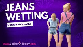 Pee Fetish - Outdoor Peeing in Jeans Overalls - Pissing through clothes - Wet and Messy - peeing - bathroom play - potty dance - denim jeans - Humiliation - Embarrassed - Pee Desperation - Piss Fetish