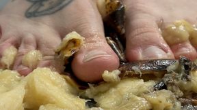 Banana squash, standing on ripe bananas, watch it squelch between my toes