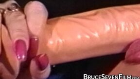 Gorgeous lesbian strips down and impales her pussy and ass