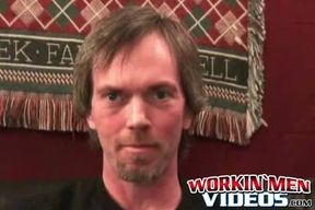 Hairy amateur jerks off and cums naked after an interview