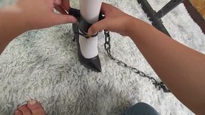 The Girlfriend Role-plays a Nun, Handcuffed and Shackled, Bound to an Iron Frame