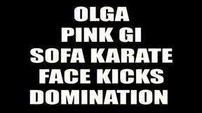 Olga pink gi sofa karate face kicks domination