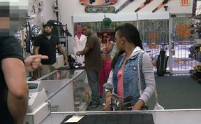 Shaved ebony sucks off and screwed by nasty pawn keeper