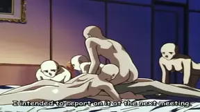 Busty anime girl in bondage gets double blowjobs and climaxes with giant boobs
