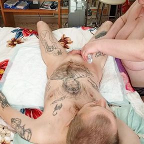 mother-in-law does an oil massage of penis and balls and playing with sperm