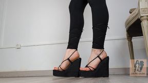 (663) Shoe Collection: Lace Up Black Wedge Sandals - Dame Olga (4K)