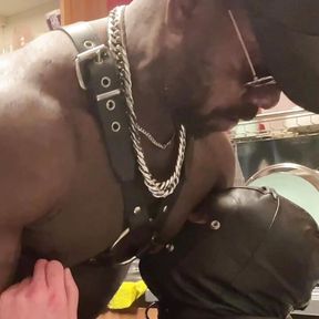 Tit and Dick Focus: Black Muscle Orders Leather Clad Anon Sub to Work