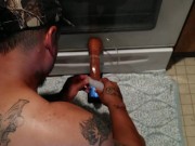 Handsome Guy Bouncing Ass Rough Against Oven In Kitchen On Huge Long Dildo and Taking Long Strokes