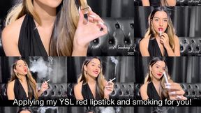 Angie applying YSL red lipstick and smoking a white cigarette for you!