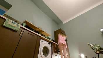 Naughty girlfriend in satin nightie teases with no panties or bra