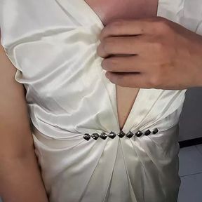 Cum with mini satin white dress and heels