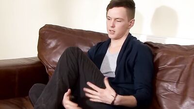 UK amateur twink Alex C solo dick stroking during interview