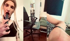 Sissy sluts surprise anal masturbation with big dildo stuffed in transgender tight hole