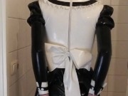 Latex maid uniform dress with black rubber skirt, red bow, frilly stockings and mask wetsuiterest