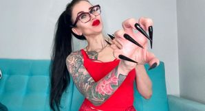 BLACK Long nails, sharp stilettos, long fingers sucking, handjobs with spit and red lace lingerie