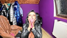 dominant leather milf whoopee cushion fetish. shiny pvc ass, loud fart sounds and dirty sitting