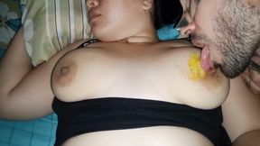 Sucking on Her Enormous Nipples, Spreading Fruit Ice Cream on Her Beautiful Big Natural Tits