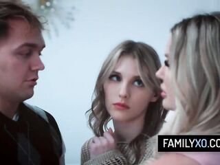Breasty blond stepmother teaches her stepson and stepdaughter about sex