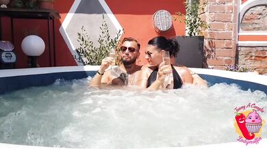 Milf drinks sperm from a glass in the pool after anal