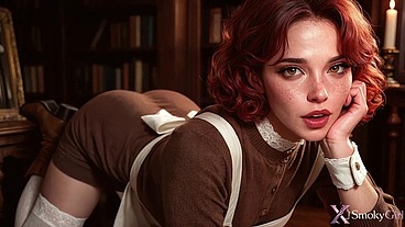 Teachers fucked a redhead exchange student from the Soviet Union with their tiny dicks in the library!! [AI]