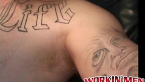 Tatted homosexual man plays with his unshaved shaft & cums