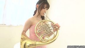 Alluring Asian saxophonist Kanako Iioka gets her pussy finger fucked