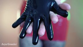 Nude Topless Curvy Girl in Red Fetish Pvc Corset and Latex Skirt Wearing Rubber Gloves
