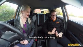Desperate blonde student gets jizz on her pussy in fake driving school