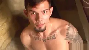 Heavily Tattooed Native American Tugging It Under The Shower
