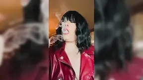 Smoking slutty seasoned beauty in leather jacket dangles OMI